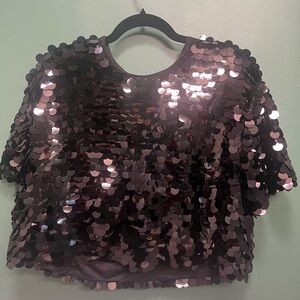 A New Day Black Crop Sequin Short Sleeve Top